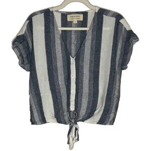 Cloth & Stone Blue and White Stripe Tie Front Blouse, Linen Blend, EUC
